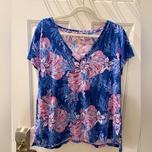 Lilly Pulitzer Blue and Pink Floral Short Sleeve Top